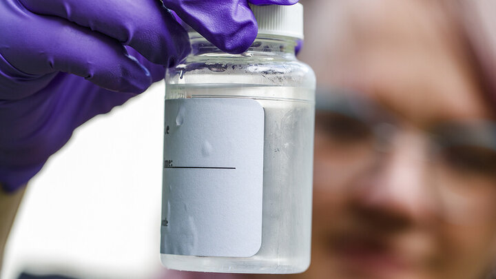 Person looking at laboratory container