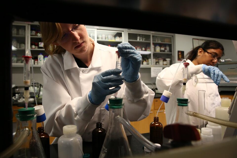 People working on laboratory equipment 